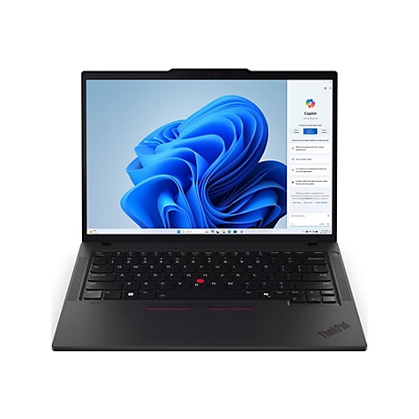 Schwarzes Laptop mit geÃ¶ffnetem Bildschirm, zeigt Windows-Hintergrund und App-Fenster. Roter Trackpoint-Knopf.