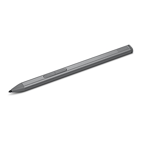 Stylet Lenovo gris. Il y a un petit bouton sur le stylo et le nom de la marque est visible à l'extrémité.