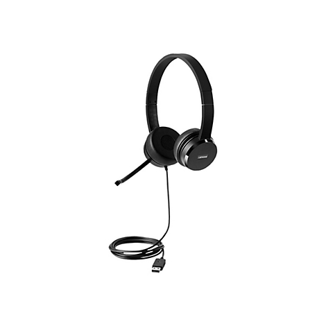Casque Lenovo noir avec serre-tête, oreillettes, microphone et câble USB, sur fond blanc.
