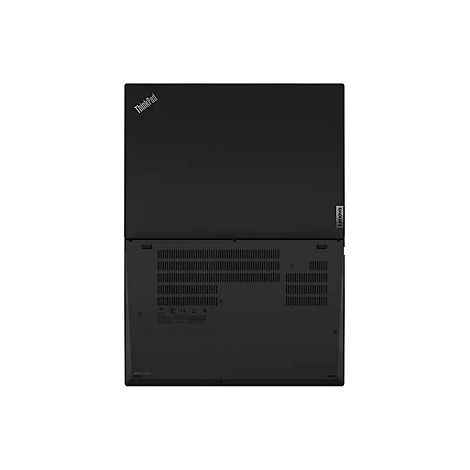 Draufsicht auf einen schwarzen Laptop. Oben links steht Thinkpad, rechts Lenovo.