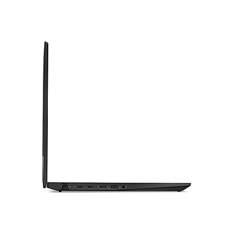 Schwarzes Notebook, Seitenansicht, auf weiÃŸem Hintergrund. AnschlÃ¼sse an der Unterseite.