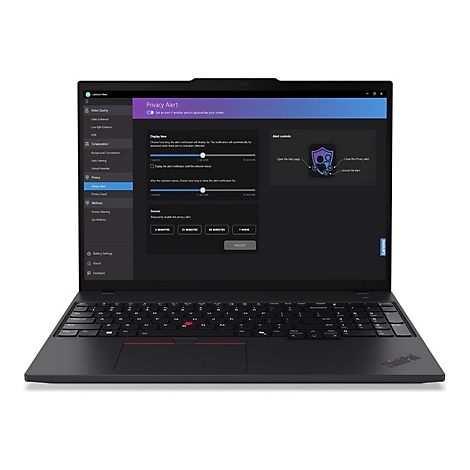 Schwarzes Thinkpad Laptop mit geÃ¶ffnetem Bildschirm. Auf dem Display werden Datenschutzeinstellungen angezeigt.