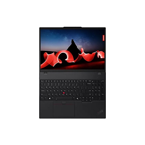 Draufsicht auf einen schwarzen Laptop mit geÃ¶ffnetem Bildschirm. Auf dem Bildschirm ein abstraktes rotes Design vor einem dunklen Hintergrund.