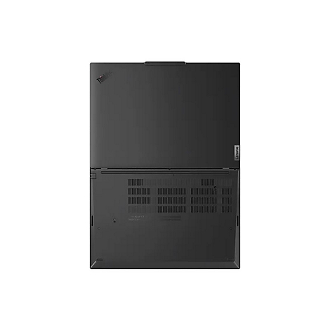 Dunkelgraues Laptop von oben. Lenovo und ThinkPad Logos erkennbar. LÃ¼ftungsschlitze und weitere Details sichtbar.
