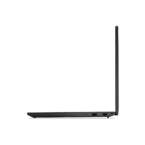 Ein schwarzes Laptop-Seitenprofil, geÃ¶ffnet. AnschlÃ¼sse sichtbar.