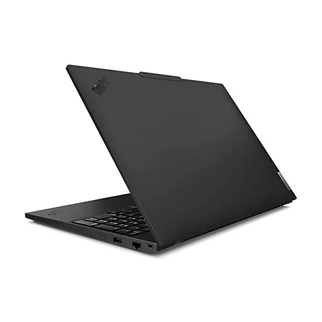Schwarzer Laptop, leicht geÃ¶ffnet, von hinten links aufgenommen, mit Thinkpad Logo.