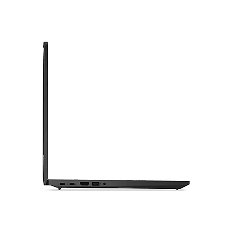 Dunkler Laptop in Seitenansicht, auf weiÃŸem Hintergrund. Details der AnschlÃ¼sse unten rechts.