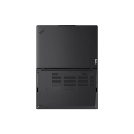 Draufsicht auf ein schwarzes Lenovo ThinkPad-Notebook. Oben links ist das ThinkPad-Logo zu sehen, oben rechts das Lenovo-Logo.