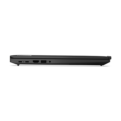 Schwarzes Laptop Seitenprofil. Mehrere Anschlüsse sichtbar, wie USB-C, HDMI und USB.