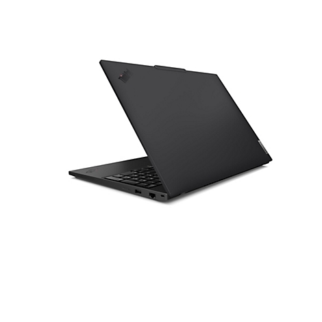 Schwarzes Laptop mit geöffnetem Deckel, Tastatur und Lenovo Logo. Thinkpad Logo ist sichtbar.