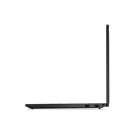 Seitenansicht eines schwarzen Laptops. Man sieht die geschlossene Bildschirmseite, die Kante des Gehäuses und die Anschlüsse.