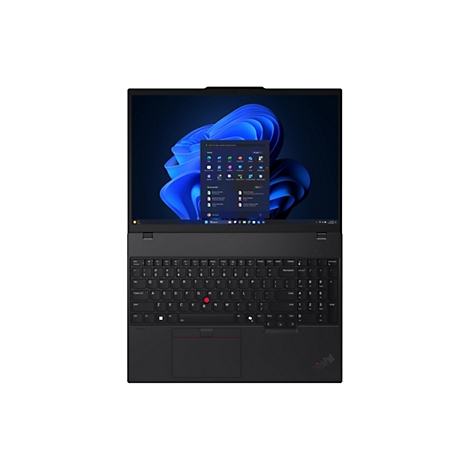 Schwarzes ThinkPad Laptop von oben gesehen, Windows 11 Oberfläche, Tastatur und roter TrackPoint.
