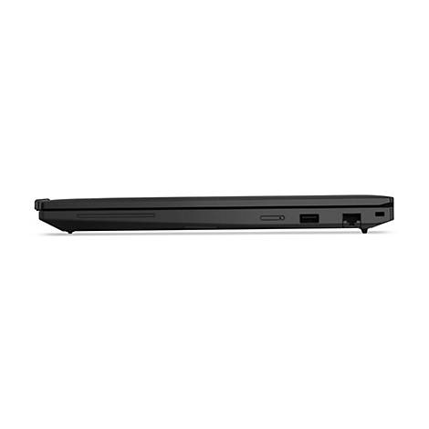 Schwarzes Laptop im Profil, der Rand ist sichtbar, mit Anschlüssen. Deutliche Linienführung.
