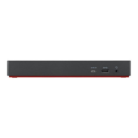 Station d'accueil gris foncÃ©, bande rouge en bas, ports : USB, USB-C et audio.