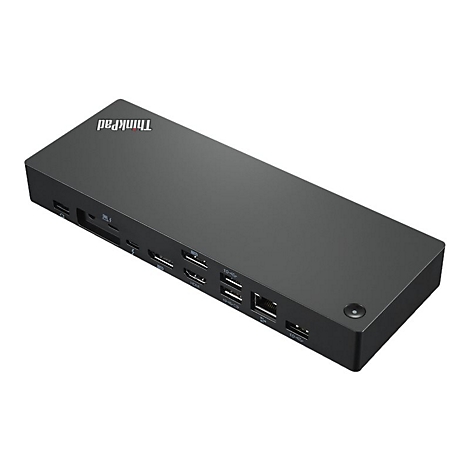 Station d'accueil Thinkpad noire, inclinÃ©e sur le cÃ´tÃ©, avec de nombreux ports.