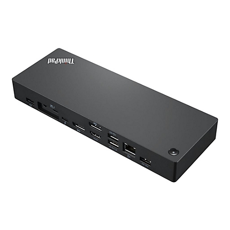 Schwarze Lenovo ThinkPad Dockingstation mit vielfÃ¤ltigen AnschlÃ¼ssen. Oben steht ThinkPad.
