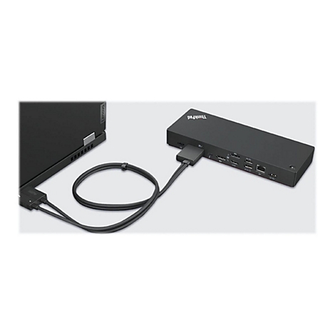Eine schwarze ThinkPad-Dockingstation, verbunden mit einem Laptop. Kabel in Schleifenform.