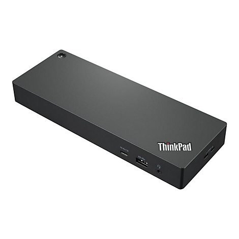 Station d'accueil ThinkPad noire avec ports et logo ThinkPad. Sur fond blanc.
