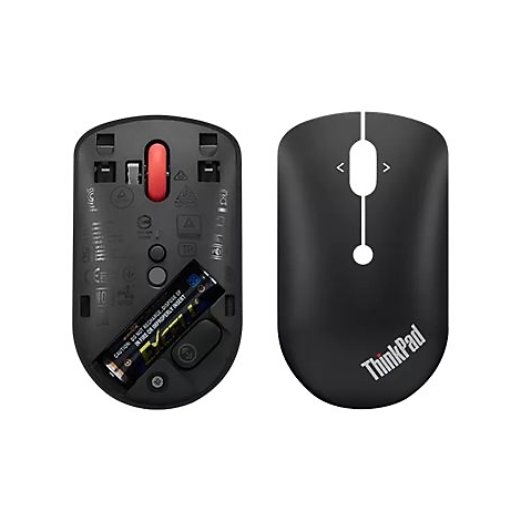 Vue de dessus d'une souris noire Lenovo ThinkPad, dessous avec compartiment à piles, dessus avec logo et commandes.