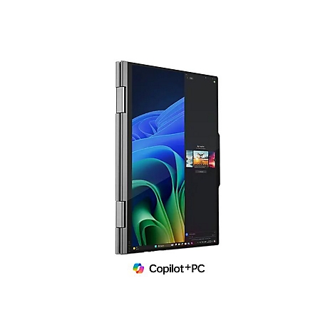 Ein graues 2-in-1-Laptop auf weißem Grund, mit geöffnetem Bildschirm. Auf dem Bildschirm sind blaue und grüne Wellen zu sehen.