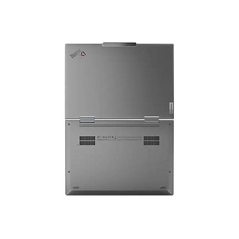 Silbernes Lenovo ThinkPad X1 geöffnet, Ansicht von unten. Lenovo-Logo sichtbar.