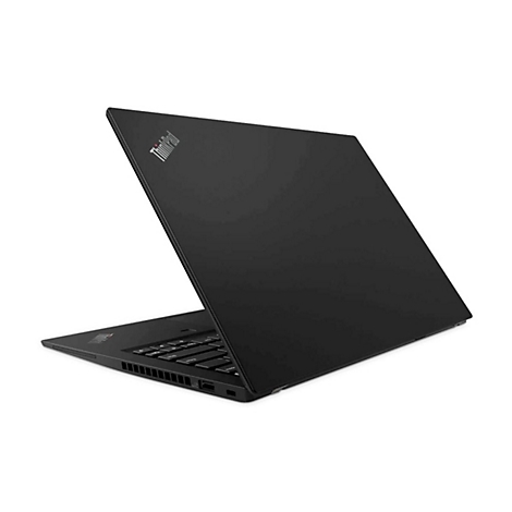 Schwarzes ThinkPad-Laptop, leicht geöffnet. 'ThinkPad' ist oben auf dem Deckel zu sehen.
