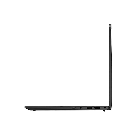Schwarzes Laptop-Profil, offen. Anschlüsse, wie USB, HDMI und Netzteil sind sichtbar.