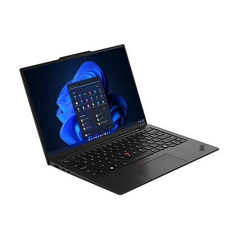 Schwarzes Laptop mit geöffnetem Bildschirm, der ein Windows-Menü zeigt. Tastatur mit rotem Trackpoint. Lenovo Thinkpad Logo.