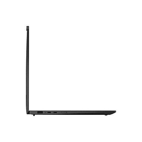 Schwarzes Laptop-Seitenprofil, geöffnet. Auf dem Gerät sind Anschlüsse zu sehen.