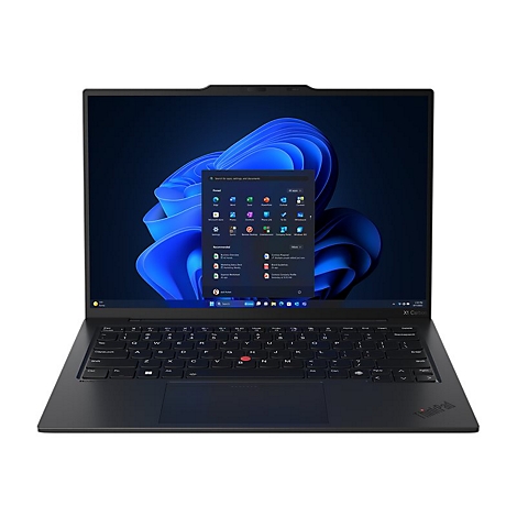 Schwarzes Laptop mit Windows-StartmenÃ¼ vor blauem Hintergrund.