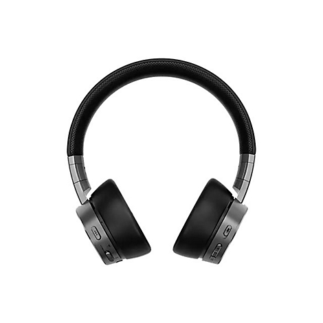 Draufsicht auf Kopfhörer in Schwarz, mit Metallakzenten und gepolstertem Bügel, auf weißem Hintergrund.