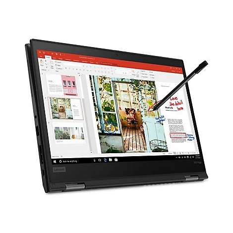 Schwarzes Lenovo X13 Yoga Laptop, teilweise geöffnet. Der Bildschirm zeigt eine Präsentation mit Anmerkungen eines Stifts.