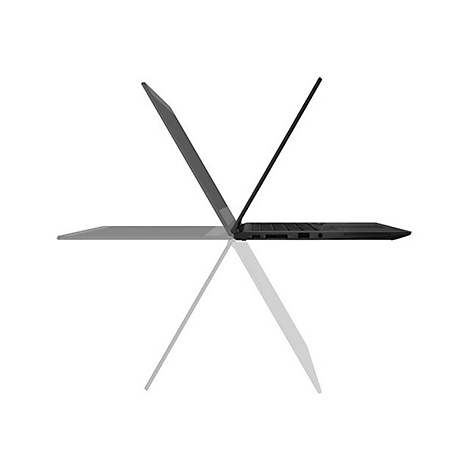 Schwarzer Laptop in Seitenansicht, ge
ffnet, auf wei
sem Hintergrund.