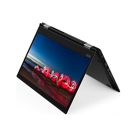 Schwarzes Laptop, Display halb geöffnet, Landschaftsbildschirm.