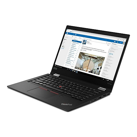 Schwarzes ThinkPad-Laptop mit geöffnetem Bildschirm, auf dem eine E-Mail-Anwendung angezeigt wird.
