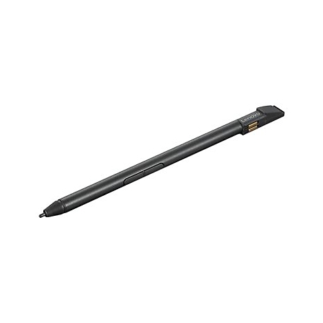 Stylet Lenovo gris foncé avec logo, un bouton et une pointe pointant en diagonale vers le bas.