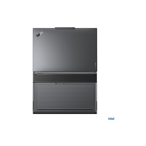 Dunkelgraues ThinkPad-Laptop, Oberseite mit Logo und Intel-Schriftzug.