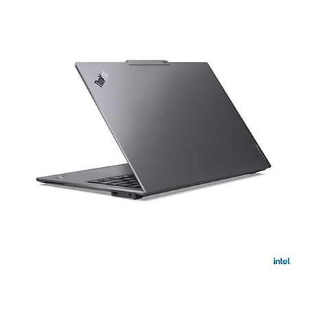 Graues Laptop, leicht angewinkelt. Auf dem Deckel befindet sich ein Logo. Unten rechts ist das Intel Logo zu sehen.