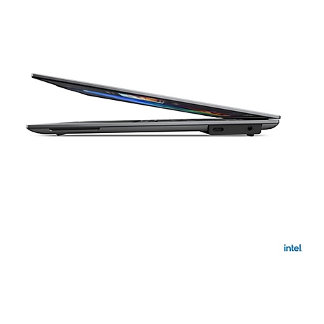 Ein grauer Laptop im Profil, mit leicht geÃ¶ffnetem Deckel, der Bildschirm zeigt Farben. Unten rechts das Intel-Logo.