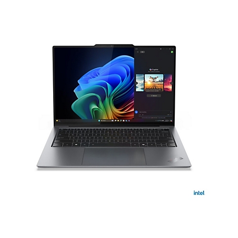 Grauer Laptop mit geÃ¶ffnetem Bildschirm, der eine farbenfrohe Grafik und eine App-OberflÃ¤che zeigt. Unten rechts das Intel-Logo.