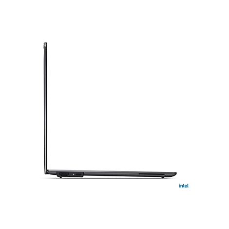 Ein Laptop im Profil, dunkelgrau, mit Intel-Logo.