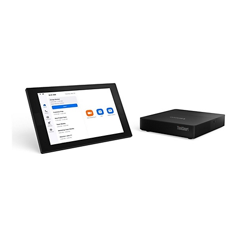 Schwarzes Lenovo ThinkSmart-Konferenzsystem mit Tablet und Hub auf weißem Hintergrund.