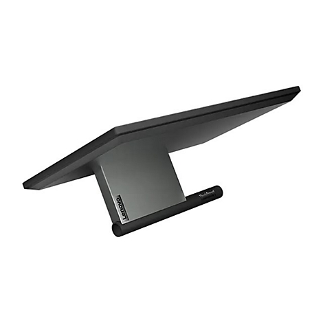 Un moniteur noir incliné vers le haut. Le support est gris avec le logo Lenovo et le texte ThinkSmart.