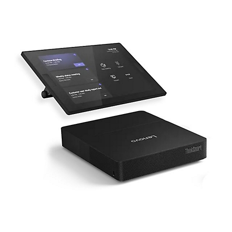 Système de conférence Lenovo ThinkSmart noir. Une tablette affiche le calendrier Teams. En dessous, une boîte noire avec l'inscription ThinkSmart.