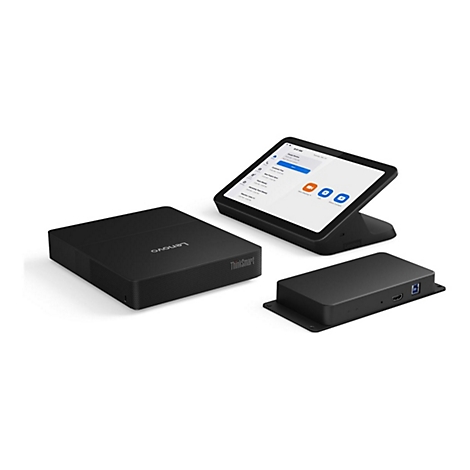 Drei schwarze Lenovo ThinkSmart-Geräte auf weißem Hintergrund. Ein Tablet mit Zoom-Meeting, ein rechteckiger Block und ein kleiner Kasten mit Anschlüssen.