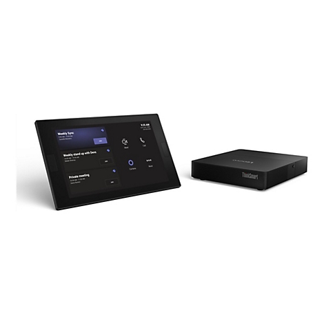 Système de conférence ThinkSmart noir avec écran, aperçu des réunions et heure. Un appareil Lenovo noir est sur la table.