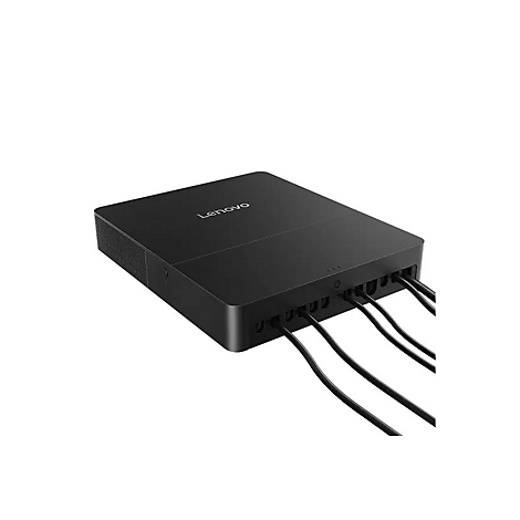 Appareil Lenovo noir avec câbles connectés, sur fond blanc.