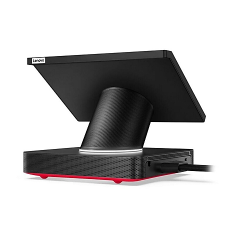 Schwarzer Lenovo-Touchscreen auf weißem Hintergrund. Die Rückseite zeigt ein zylindrisches Element, eine Basis mit rotem Streifen, und ein angeschlossenes Kabel.