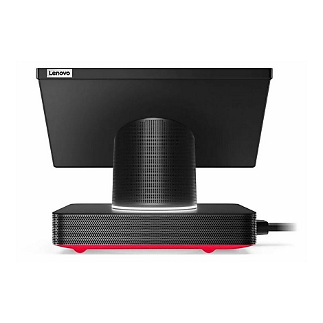 Schwarzer Lenovo-Monitor mit rotem Unterteil und Lautsprecher. Der Bildschirm wird von einer grauen Säule getragen.