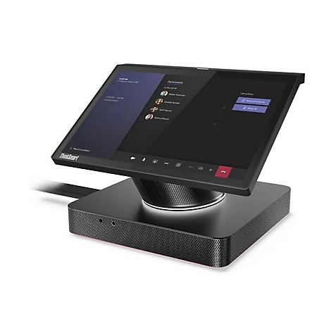 Schwarzes ThinkSmart-Gerät mit Touchscreen, Display zeigt Videokonferenz-Oberfläche, auf weißem Hintergrund.
